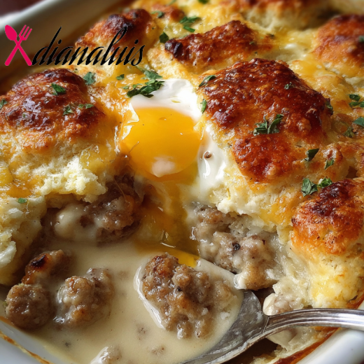 Biscuits and Gravy with Sausage and Egg Breakfast Casserole