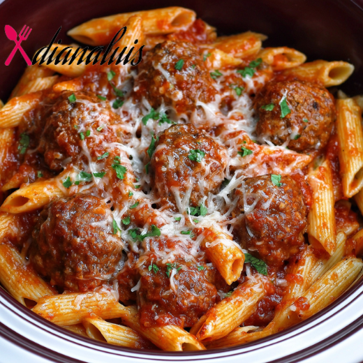 Slow Cooker 3-Ingredient Meatball Penne