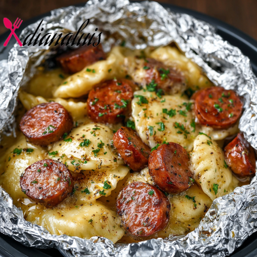 Foil Packet Sausage and Pierogies